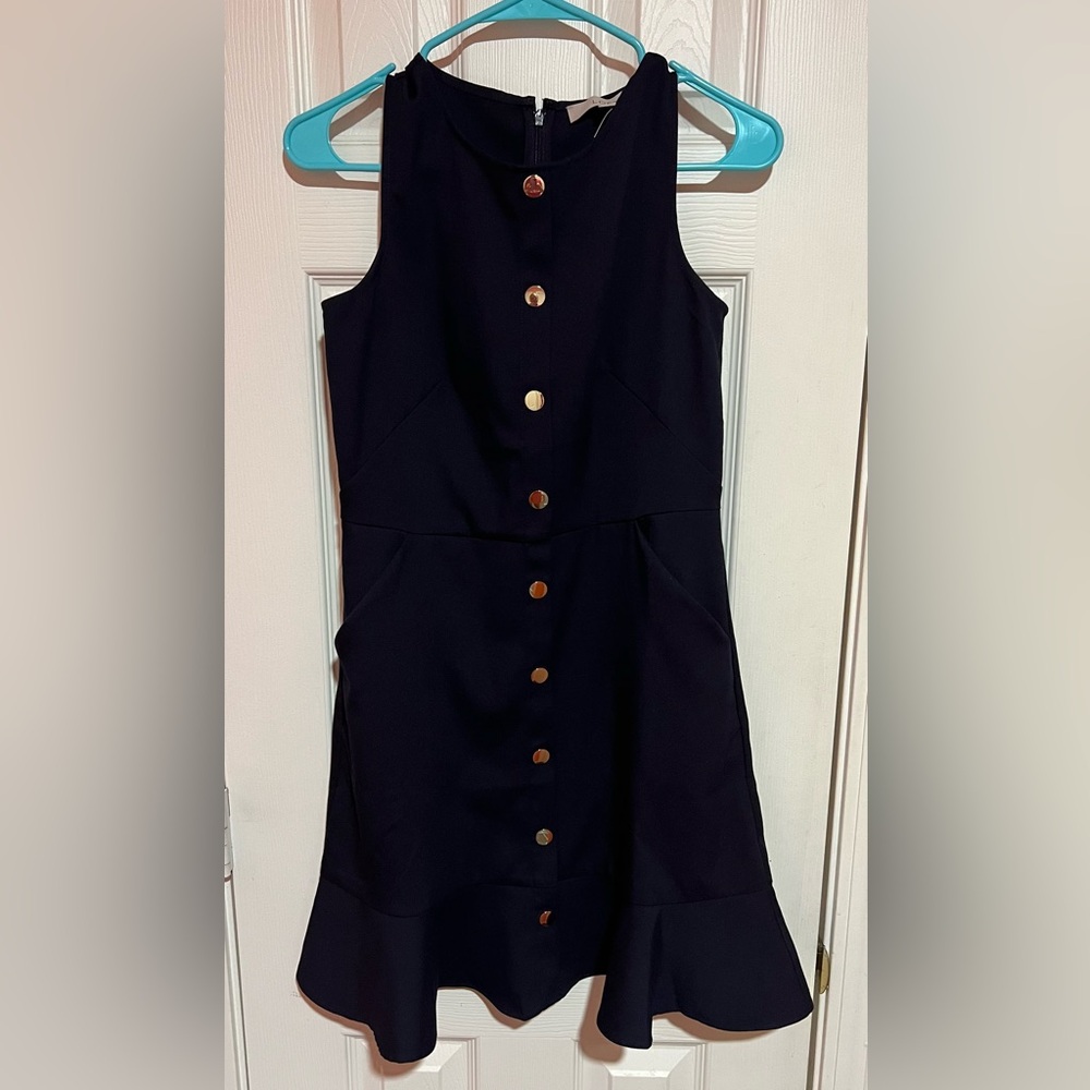 LOFT Blue and Gold Sheath Mini Dress Sleeveless Crew Neck